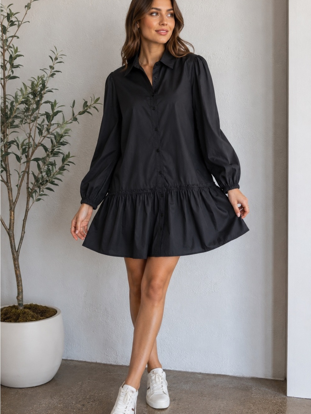 sundays Black Button-Front Mini Shirt Dress